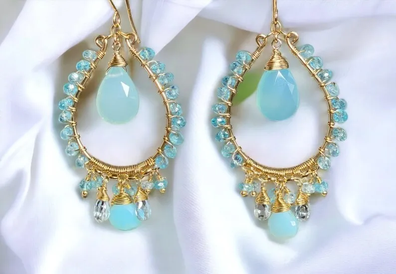 Aqua Chalcedony Gold Fill Hoop Chandelier Earrings with Apatite