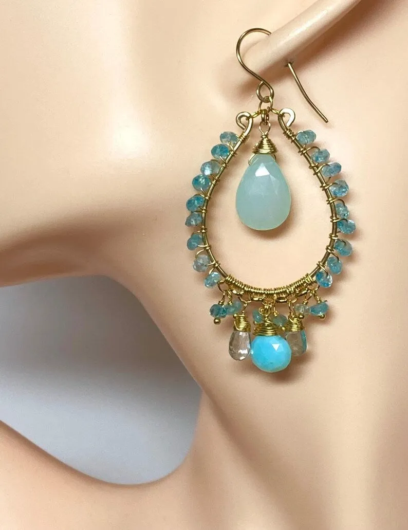 Aqua Chalcedony Gold Fill Hoop Chandelier Earrings with Apatite