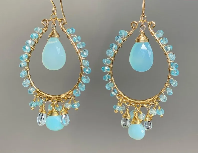 Aqua Chalcedony Gold Fill Hoop Chandelier Earrings with Apatite