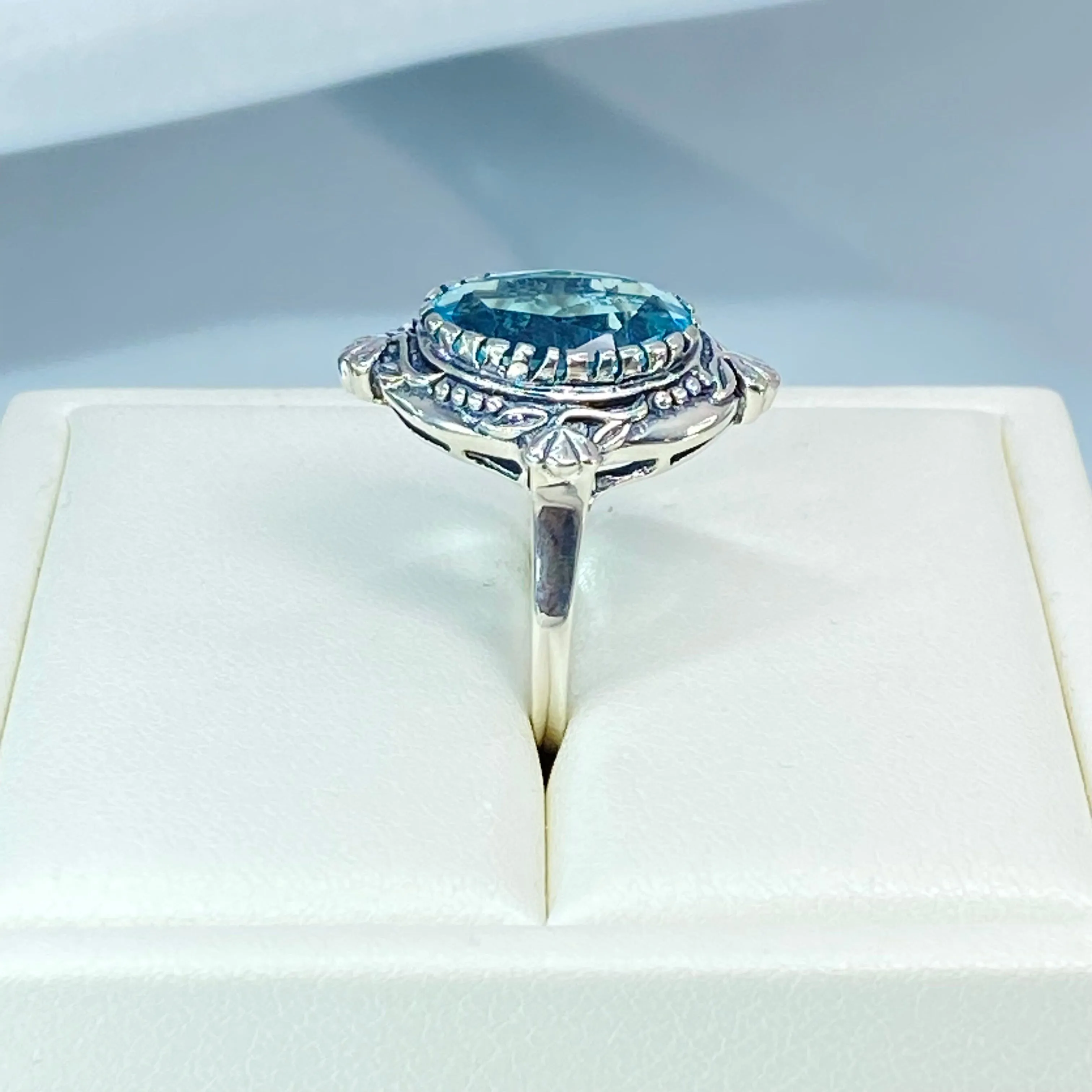 Aquamarine Ring, Size 9, Oval Wreath Filigree Ring - Vintage Art Nouveau Style Ring D74 - Ready to Ship