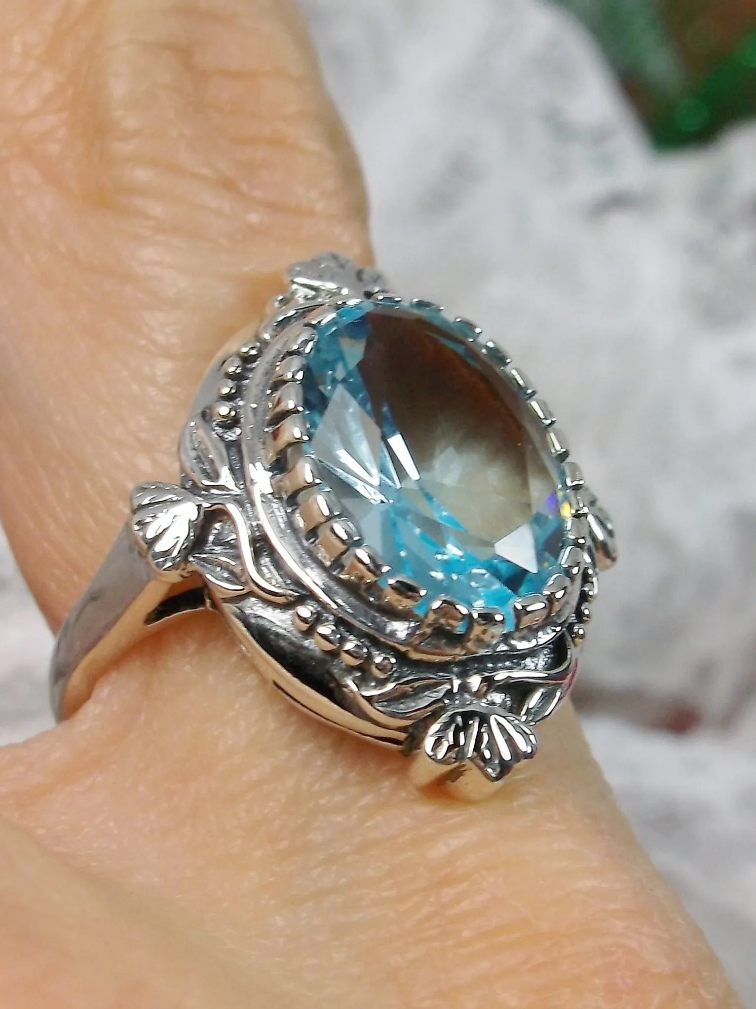 Aquamarine Ring, Size 9, Oval Wreath Filigree Ring - Vintage Art Nouveau Style Ring D74 - Ready to Ship