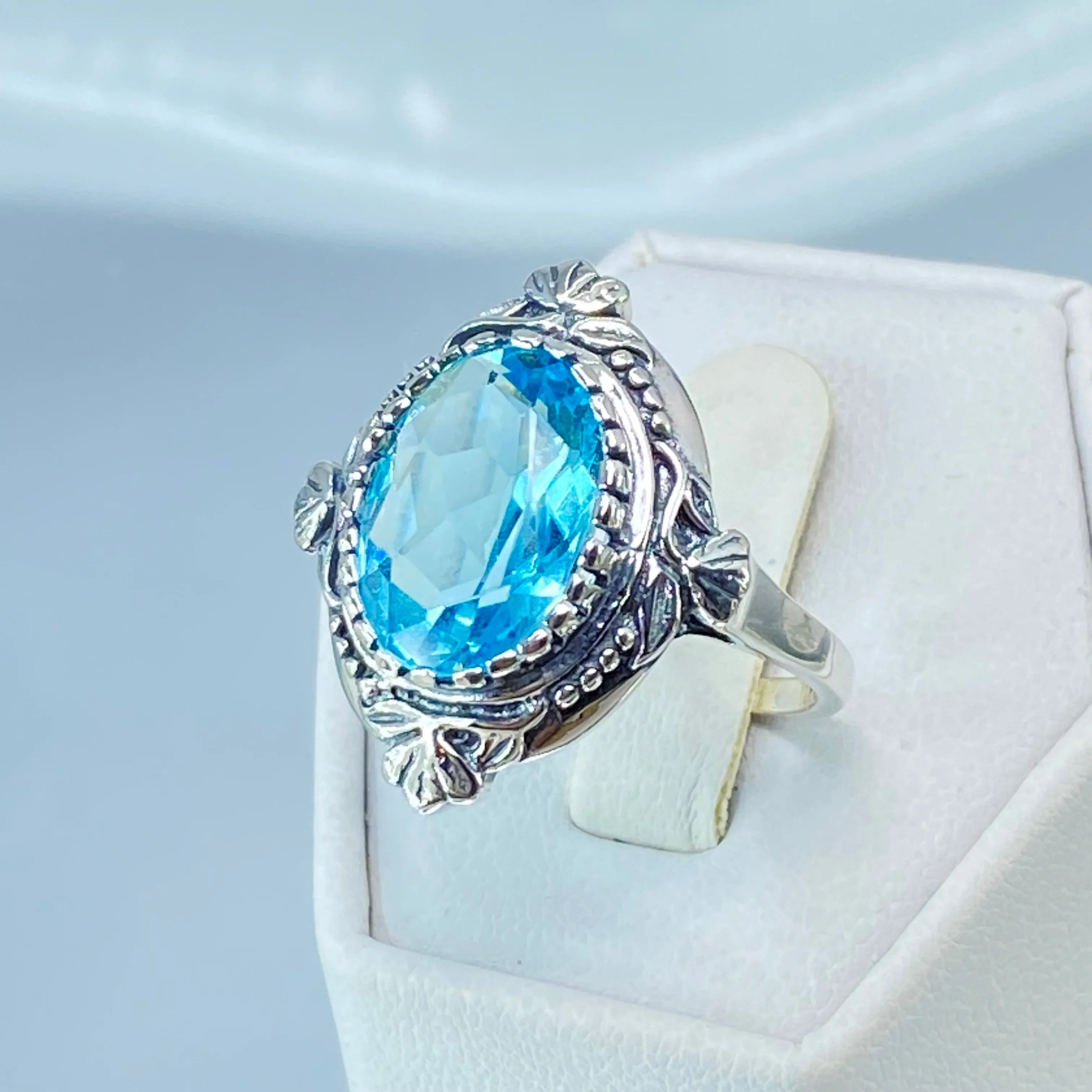 Aquamarine Ring, Size 9, Oval Wreath Filigree Ring - Vintage Art Nouveau Style Ring D74 - Ready to Ship