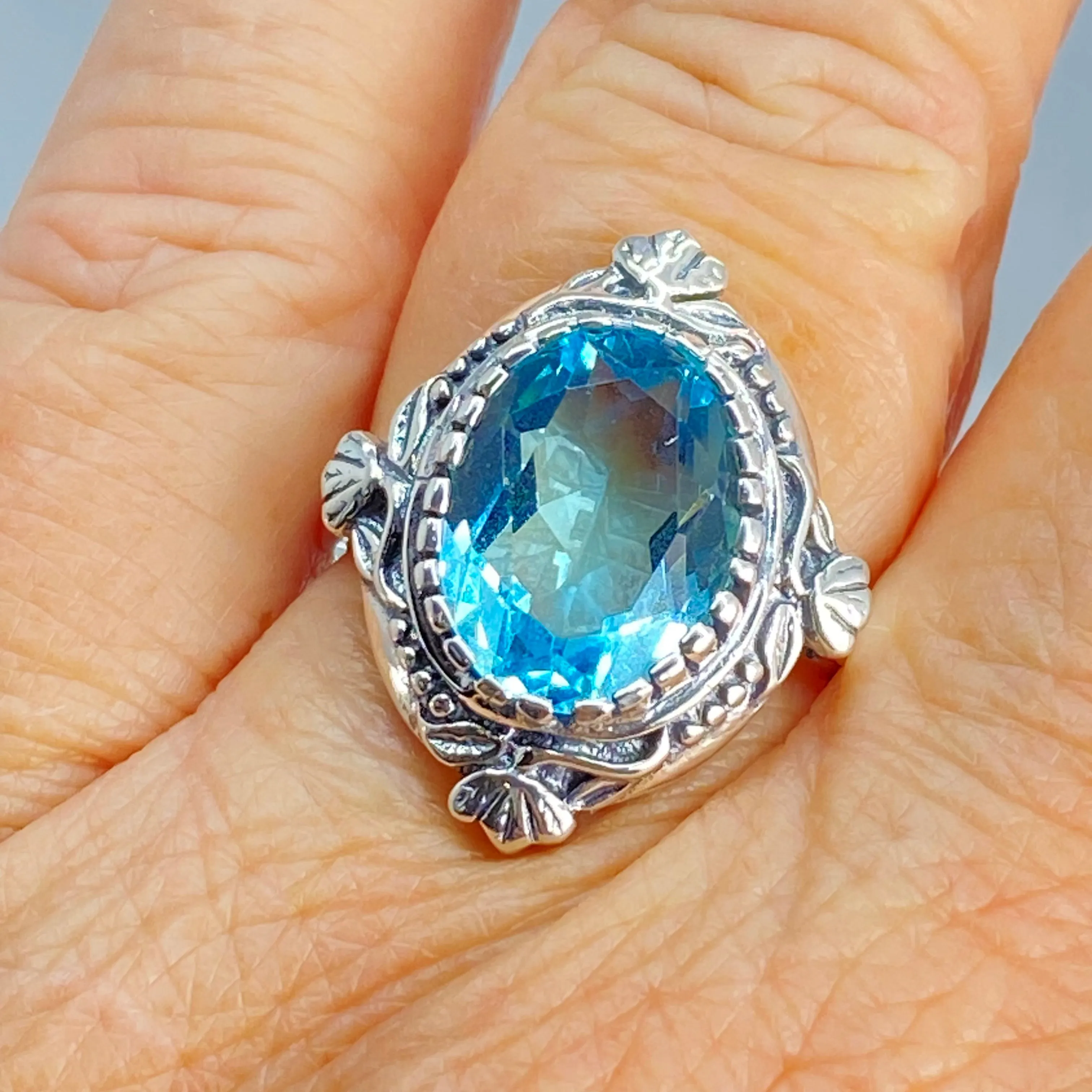 Aquamarine Ring, Size 9, Oval Wreath Filigree Ring - Vintage Art Nouveau Style Ring D74 - Ready to Ship