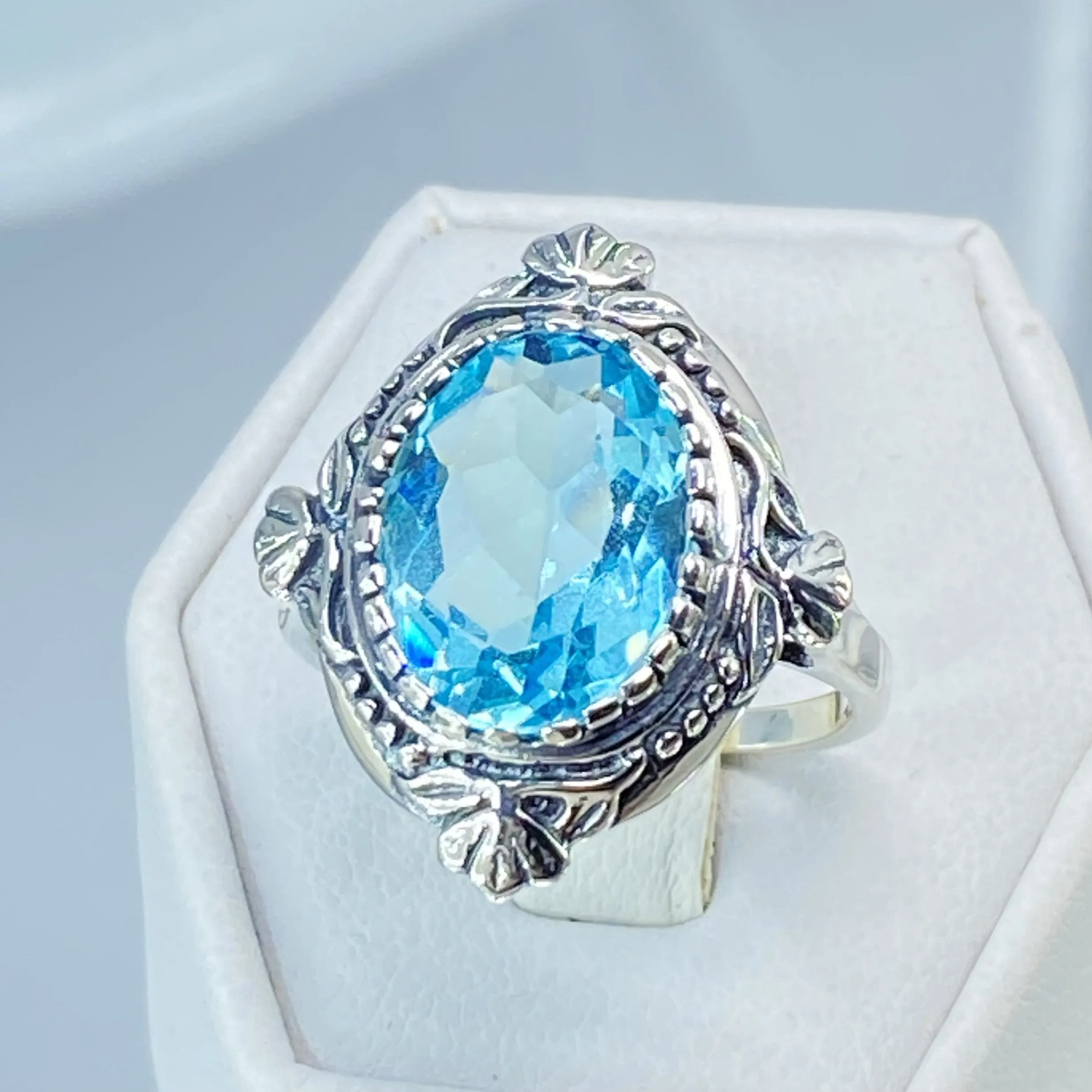Aquamarine Ring, Size 9, Oval Wreath Filigree Ring - Vintage Art Nouveau Style Ring D74 - Ready to Ship
