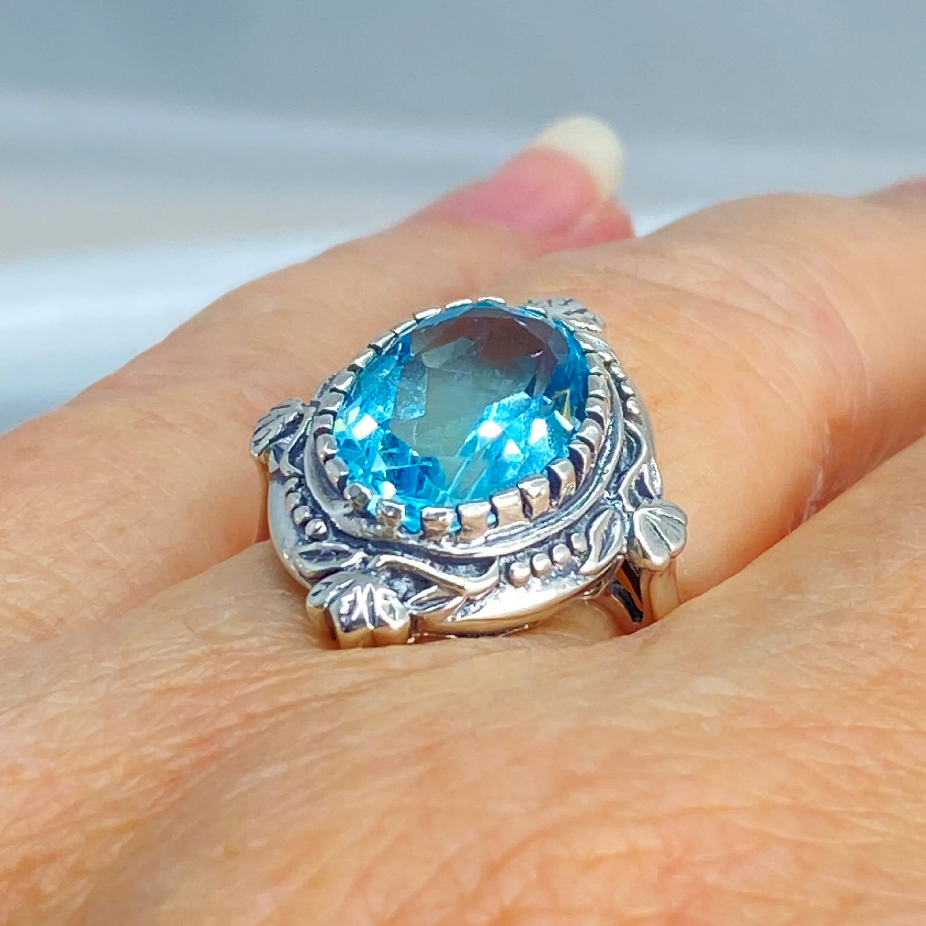 Aquamarine Ring, Size 9, Oval Wreath Filigree Ring - Vintage Art Nouveau Style Ring D74 - Ready to Ship