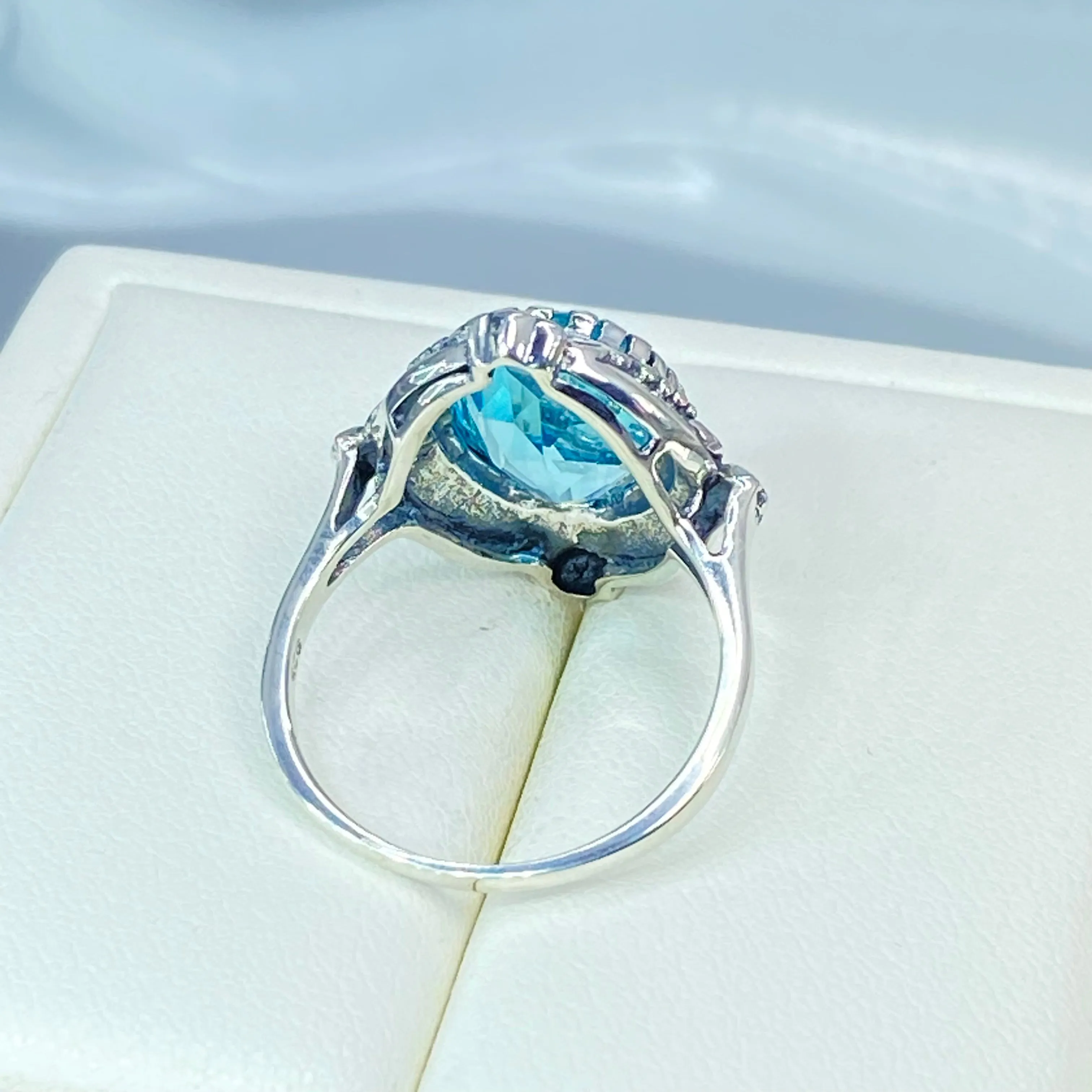 Aquamarine Ring, Size 9, Oval Wreath Filigree Ring - Vintage Art Nouveau Style Ring D74 - Ready to Ship