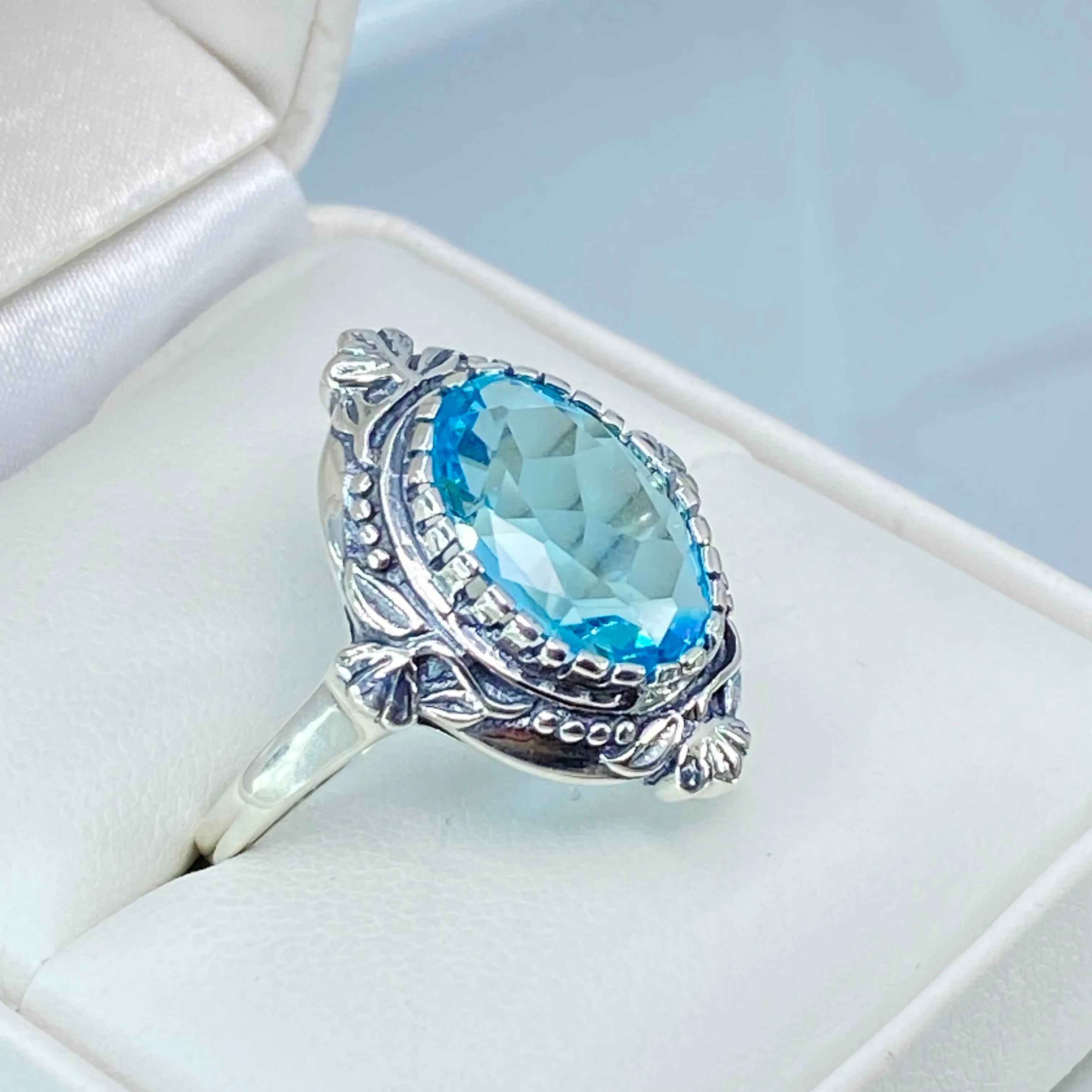 Aquamarine Ring, Size 9, Oval Wreath Filigree Ring - Vintage Art Nouveau Style Ring D74 - Ready to Ship