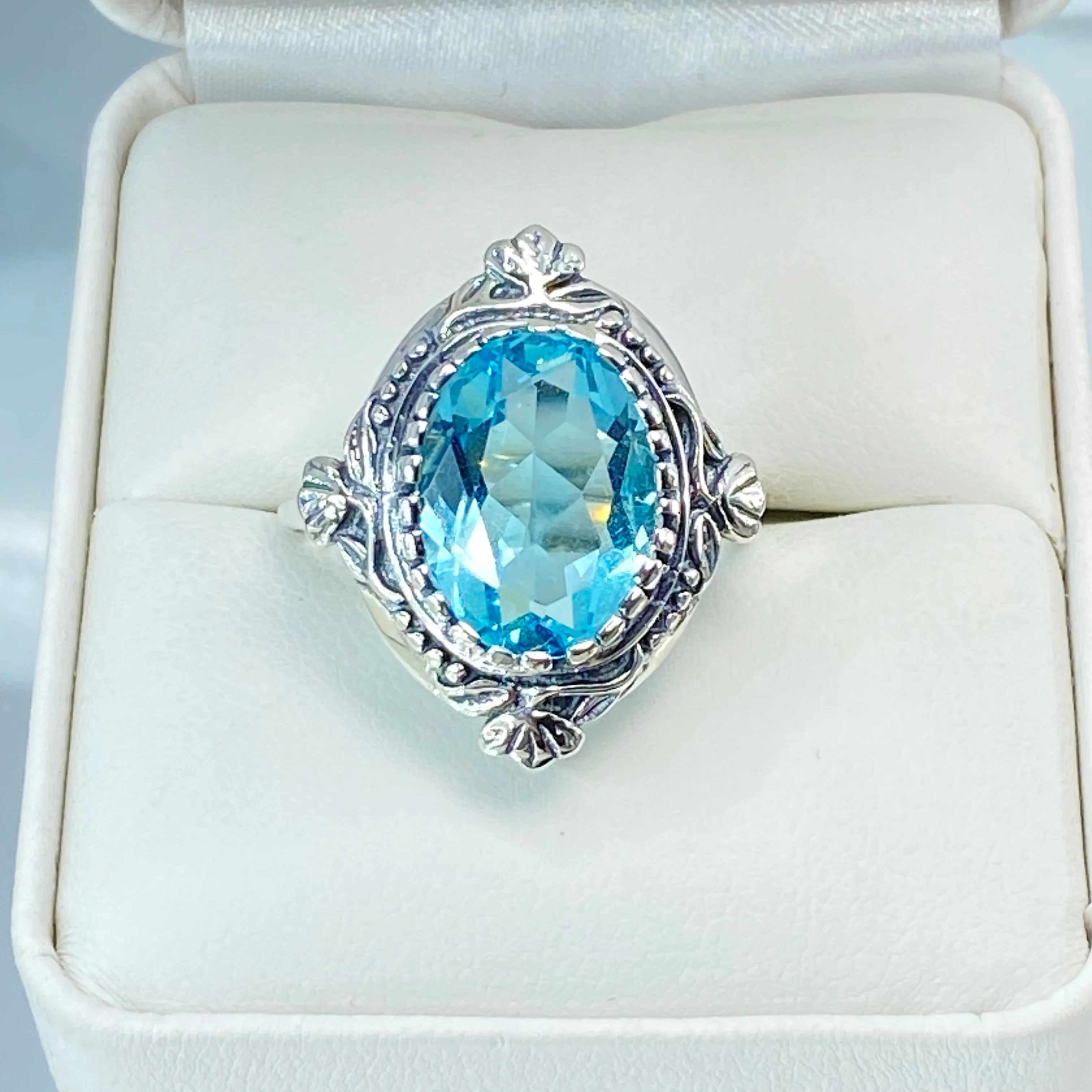 Aquamarine Ring, Size 9, Oval Wreath Filigree Ring - Vintage Art Nouveau Style Ring D74 - Ready to Ship