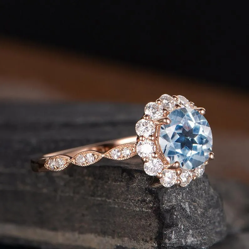 Aquamarine Round Cut Halo Ring, Vintage Inspired