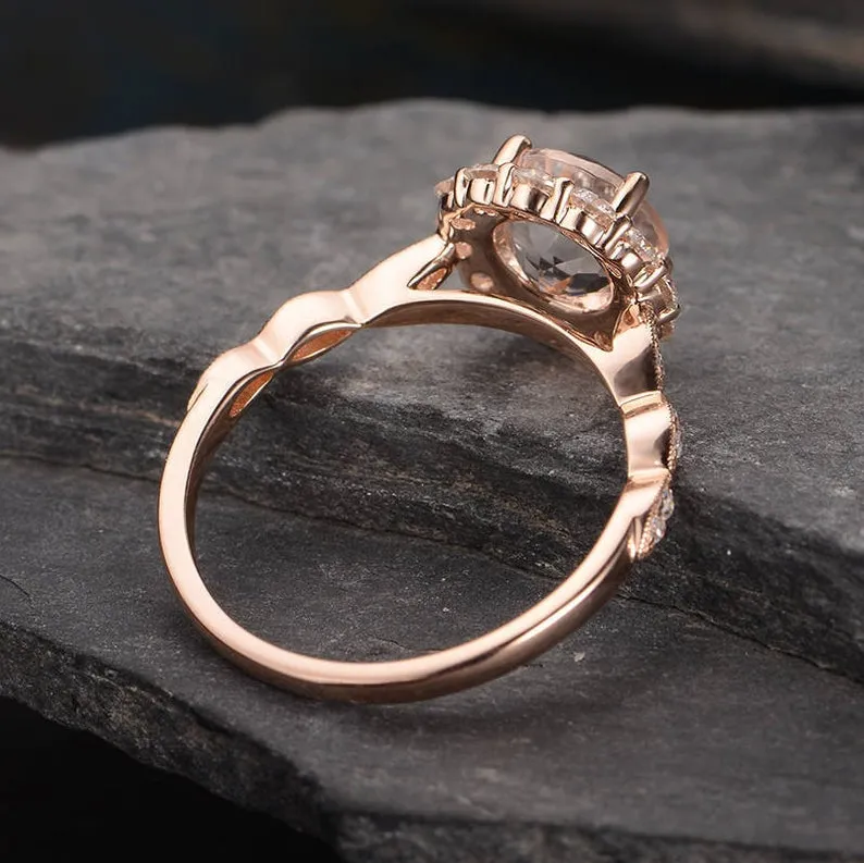 Aquamarine Round Cut Halo Ring, Vintage Inspired