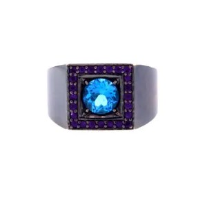 Blackened Silver Blue Topaz and Amethyst Ring Jefe