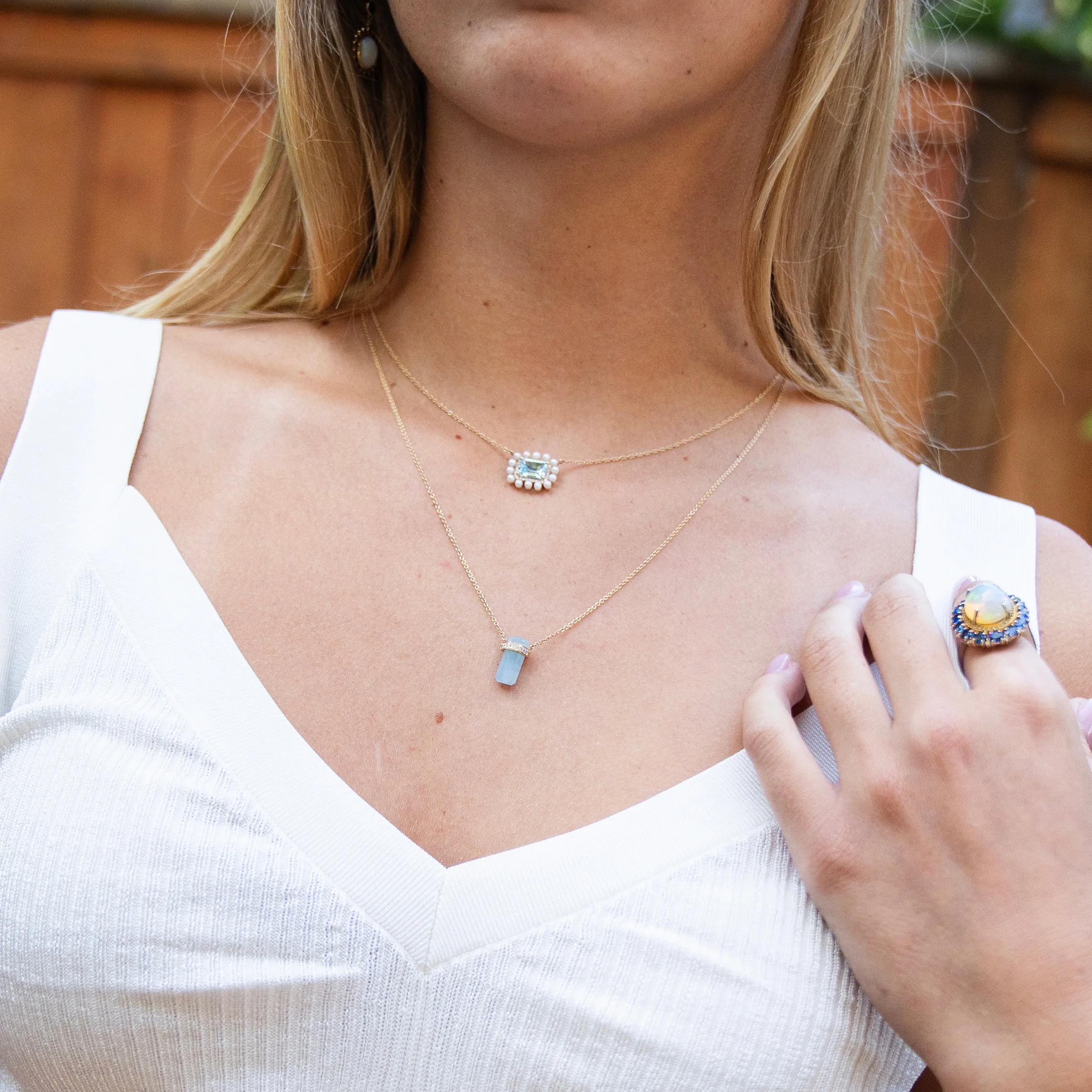 Blue Topaz, Pearl and Diamond Halo Necklace in 14k Yellow Gold