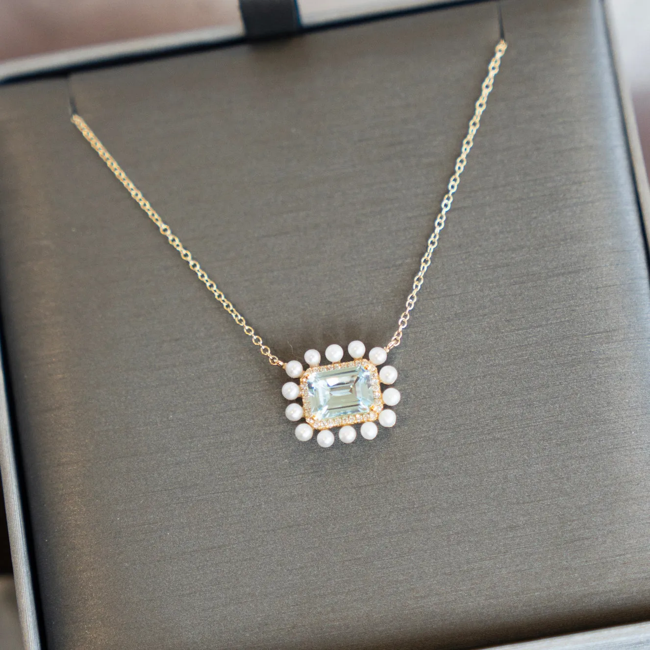 Blue Topaz, Pearl and Diamond Halo Necklace in 14k Yellow Gold