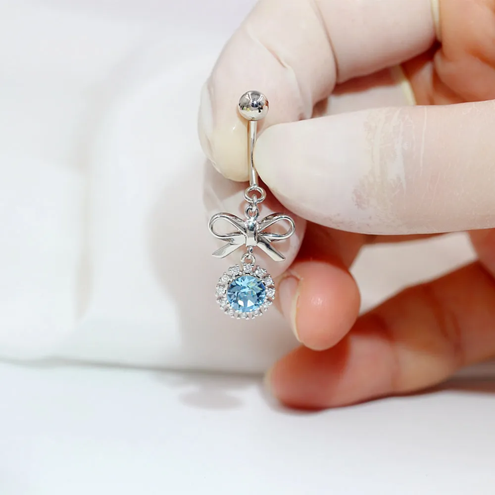 Bow Tie Navel Ring with Diamond Halo Topaz Dangle