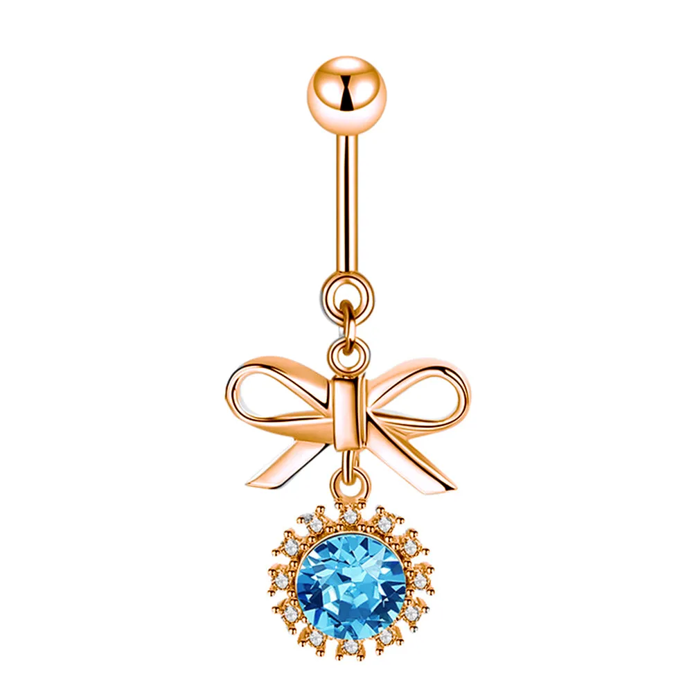 Bow Tie Navel Ring with Diamond Halo Topaz Dangle