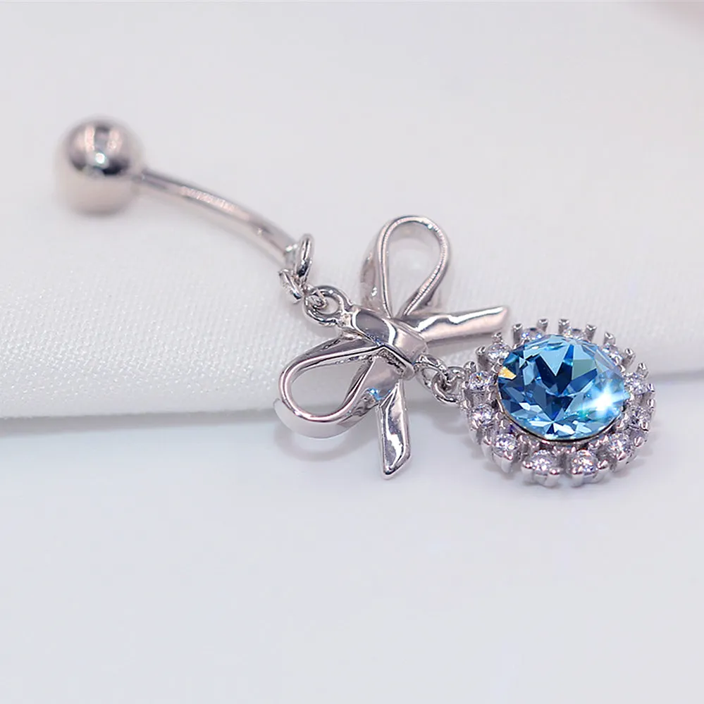 Bow Tie Navel Ring with Diamond Halo Topaz Dangle