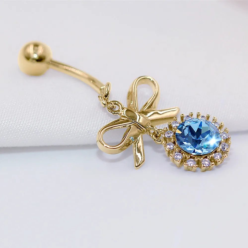 Bow Tie Navel Ring with Diamond Halo Topaz Dangle