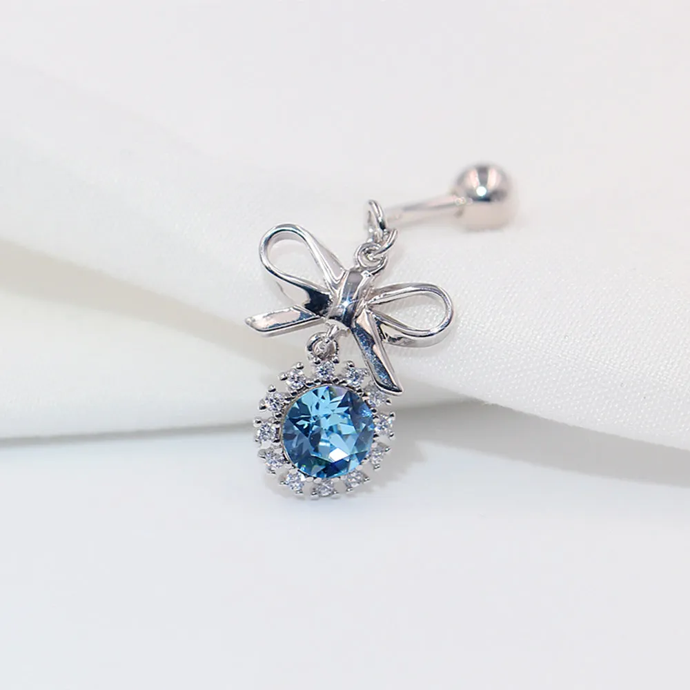 Bow Tie Navel Ring with Diamond Halo Topaz Dangle