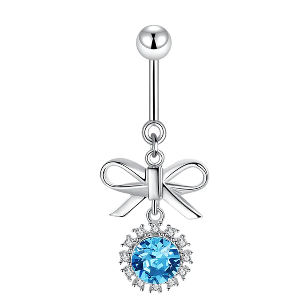 Bow Tie Navel Ring with Diamond Halo Topaz Dangle