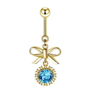 Bow Tie Navel Ring with Diamond Halo Topaz Dangle
