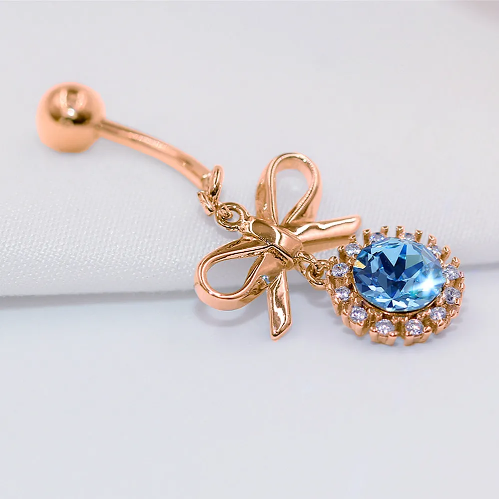 Bow Tie Navel Ring with Diamond Halo Topaz Dangle