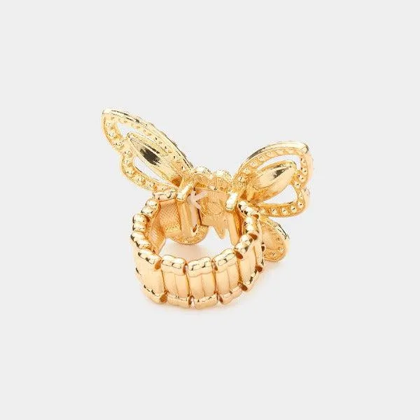 Butterfly Aurora Borealis Rhinestone Rose Gold Stretch Ring