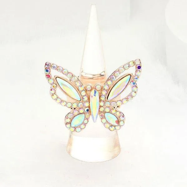 Butterfly Aurora Borealis Rhinestone Rose Gold Stretch Ring