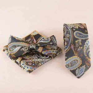 Casual Classic Cashews Pattern Tie Pocket Square Bow Tie - Black