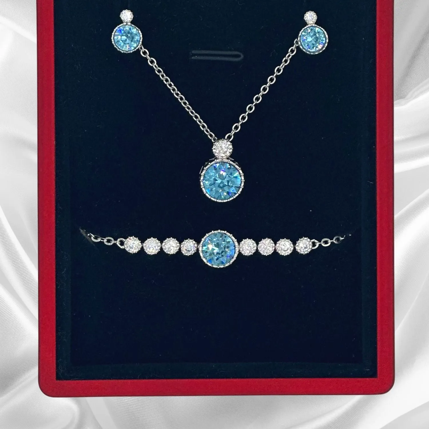 Classic Round Aquamarine Solitaire Jewellery Set with Austrian Crystals