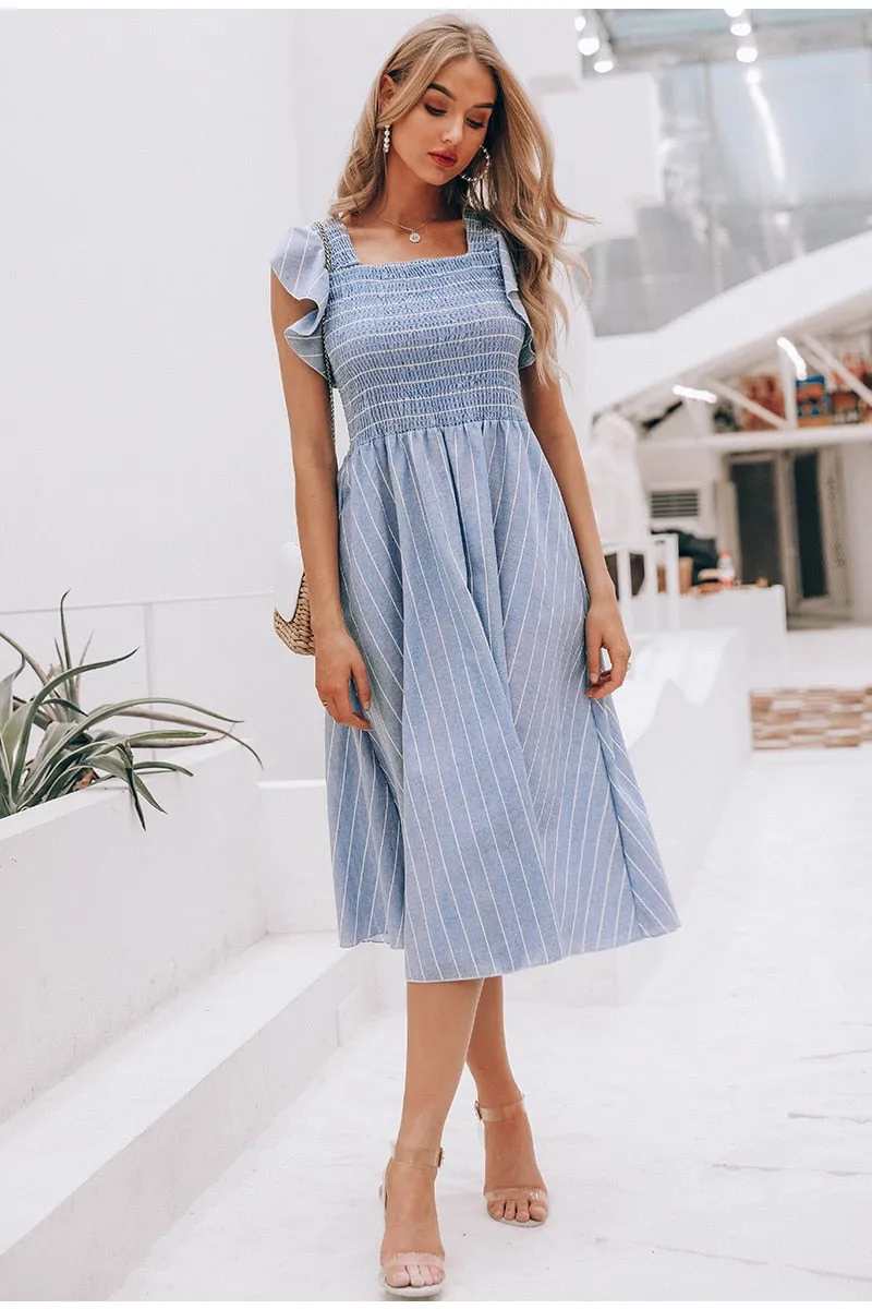 Classic Stripe Mid Calf Dress - Blue