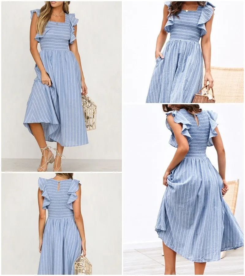 Classic Stripe Mid Calf Dress - Blue