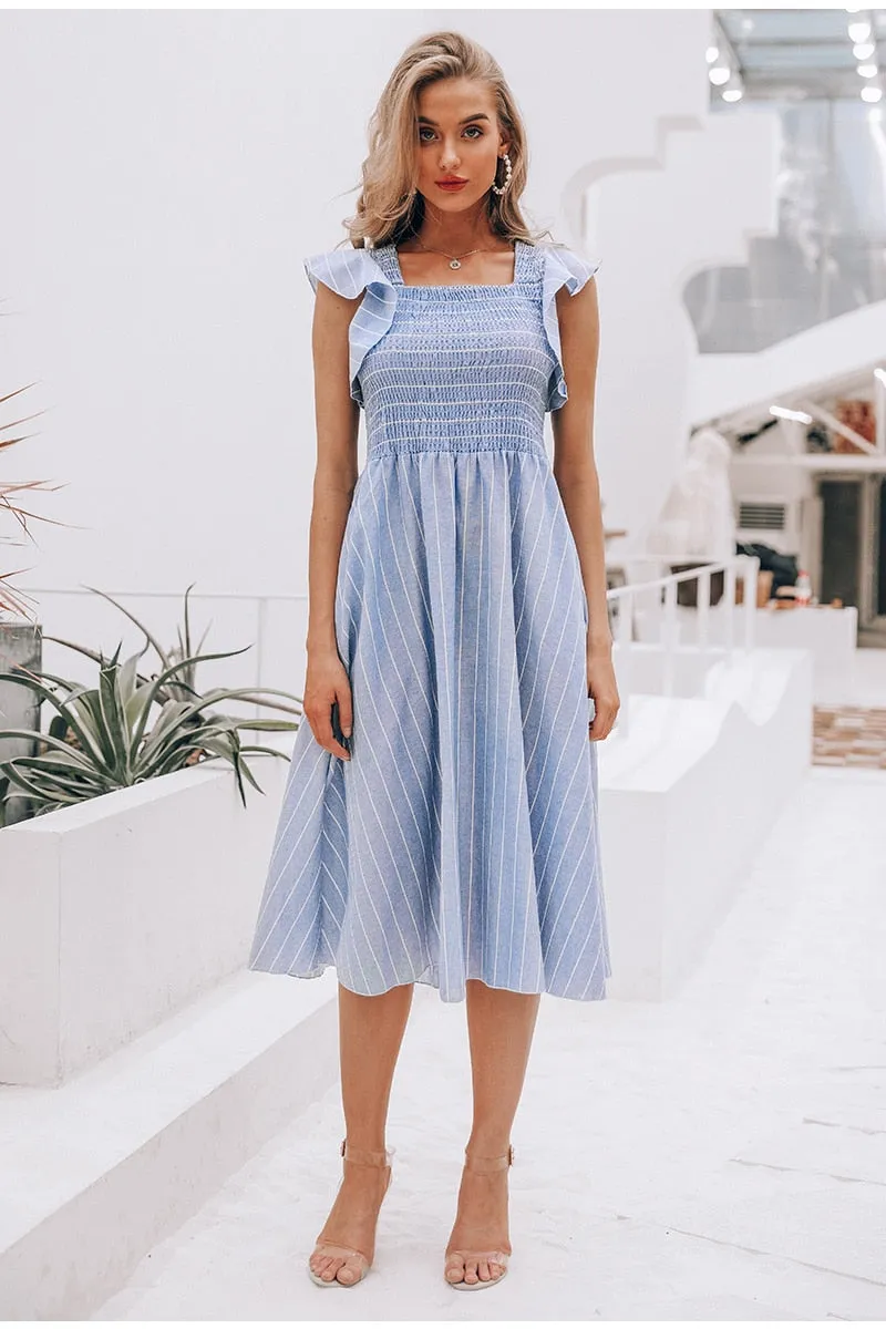 Classic Stripe Mid Calf Dress - Blue