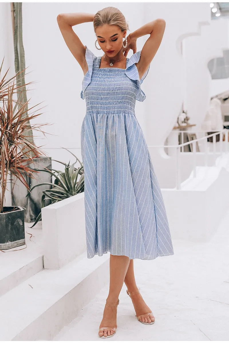Classic Stripe Mid Calf Dress - Blue
