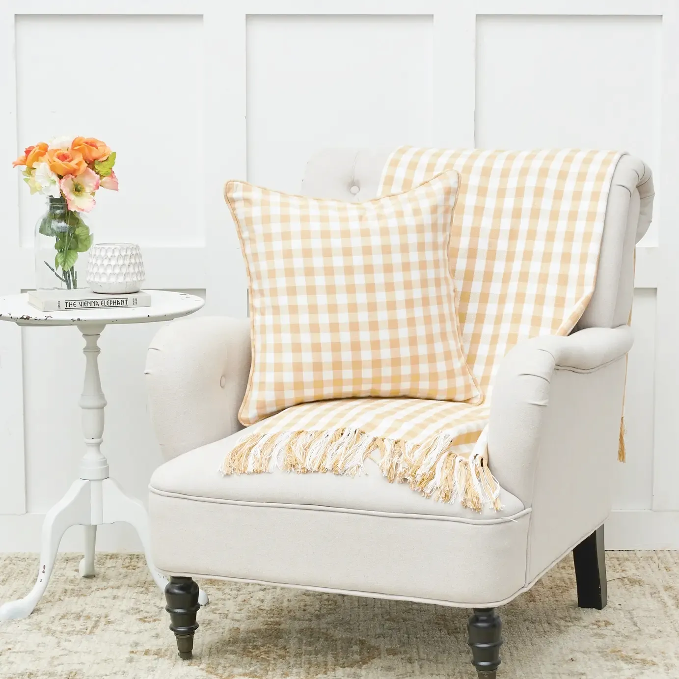 Cornsilk yellow gingham check square pillow