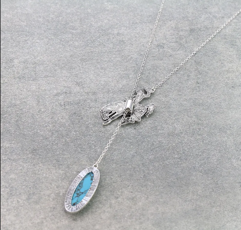 Daisy Silver Bronc Rider Oval Stone Lariat Necklace - Turquoise