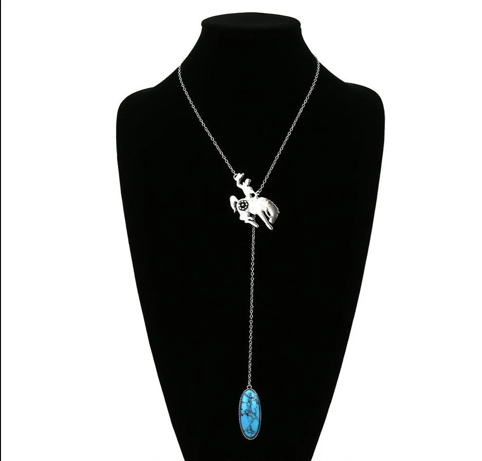 Daisy Silver Bronc Rider Oval Stone Lariat Necklace - Turquoise