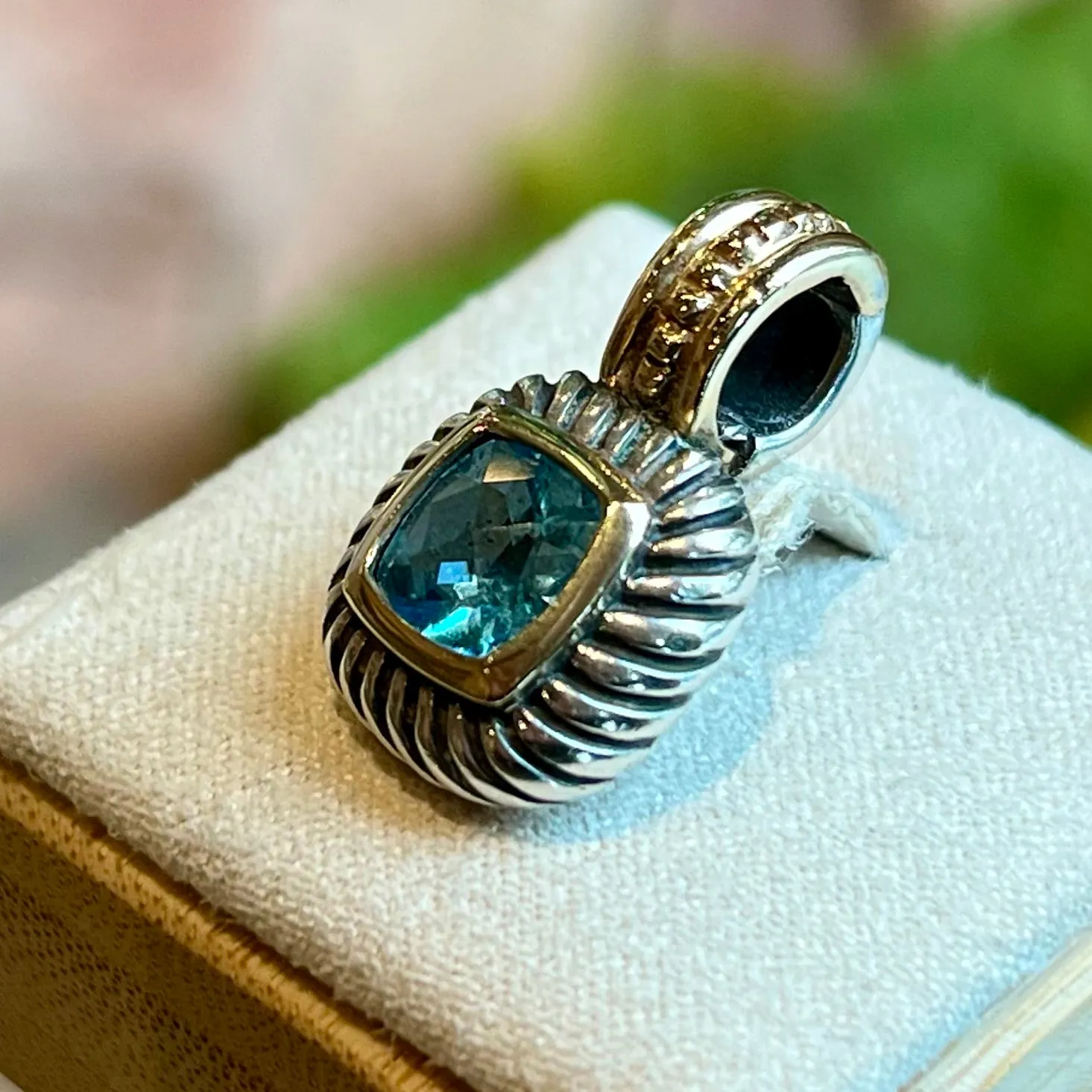 DAVID YURMAN Albion Enhancer Sterling Silver 14K Yellow Gold Blue Topaz Pendant