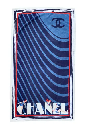 Early 2000s Chanel Art Deco Feel Blue Towel w Diving Girls & Logo