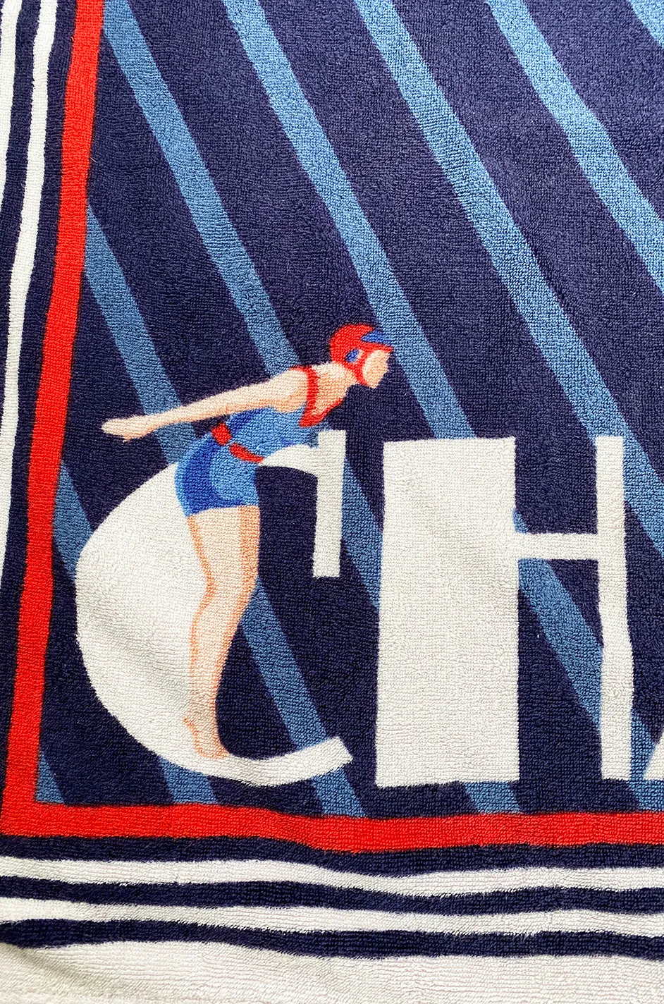Early 2000s Chanel Art Deco Feel Blue Towel w Diving Girls & Logo