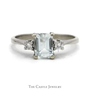 Emerald Cut Aquamarine And Diamond Ring .10 CTTW In 14KT White Gold
