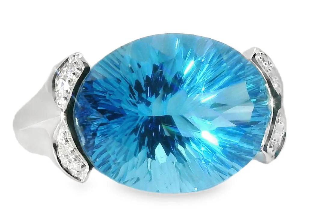 Fabulous Estate Bold 14K White Gold Huge Blue Topaz Diamond Ring