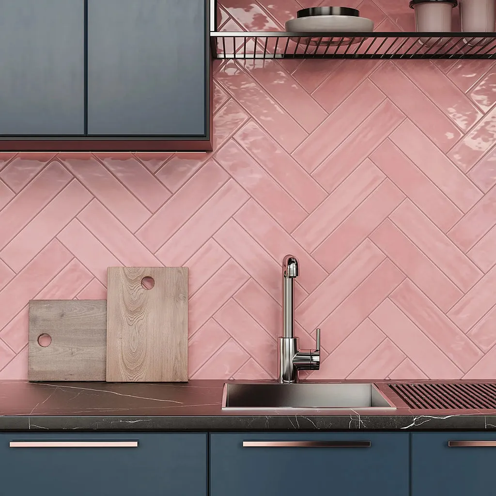 Flow Velvet Pink Rectangular Wall Tile - Wall Mount - 3 x 12" Ceramic/Pink - Piece : 0.25 SqFt = $ 6.91 / Box: 12.64 Sqft = $ 88.00 - Pieces Per Box: 50