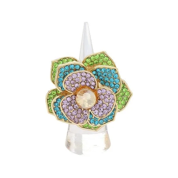Flower Stone Centered Rhinestone Paved Flower Stretch Ring