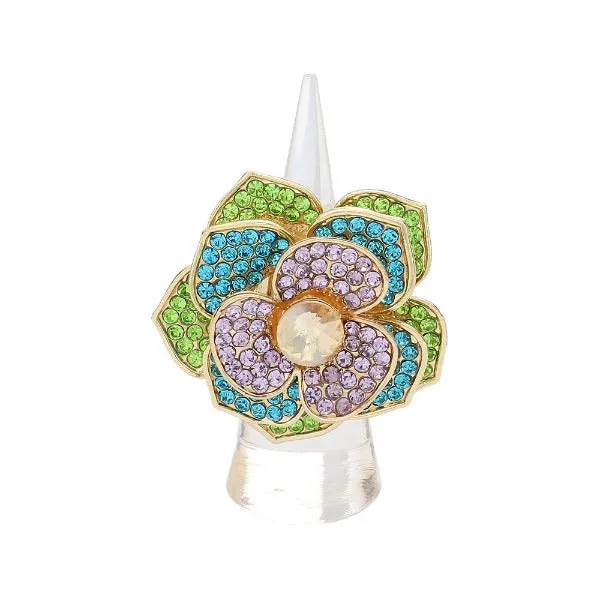 Flower Stone Centered Rhinestone Paved Flower Stretch Ring