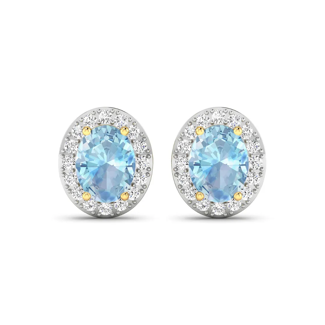 Genuine Aquamarine and Diamond Studs Earrings