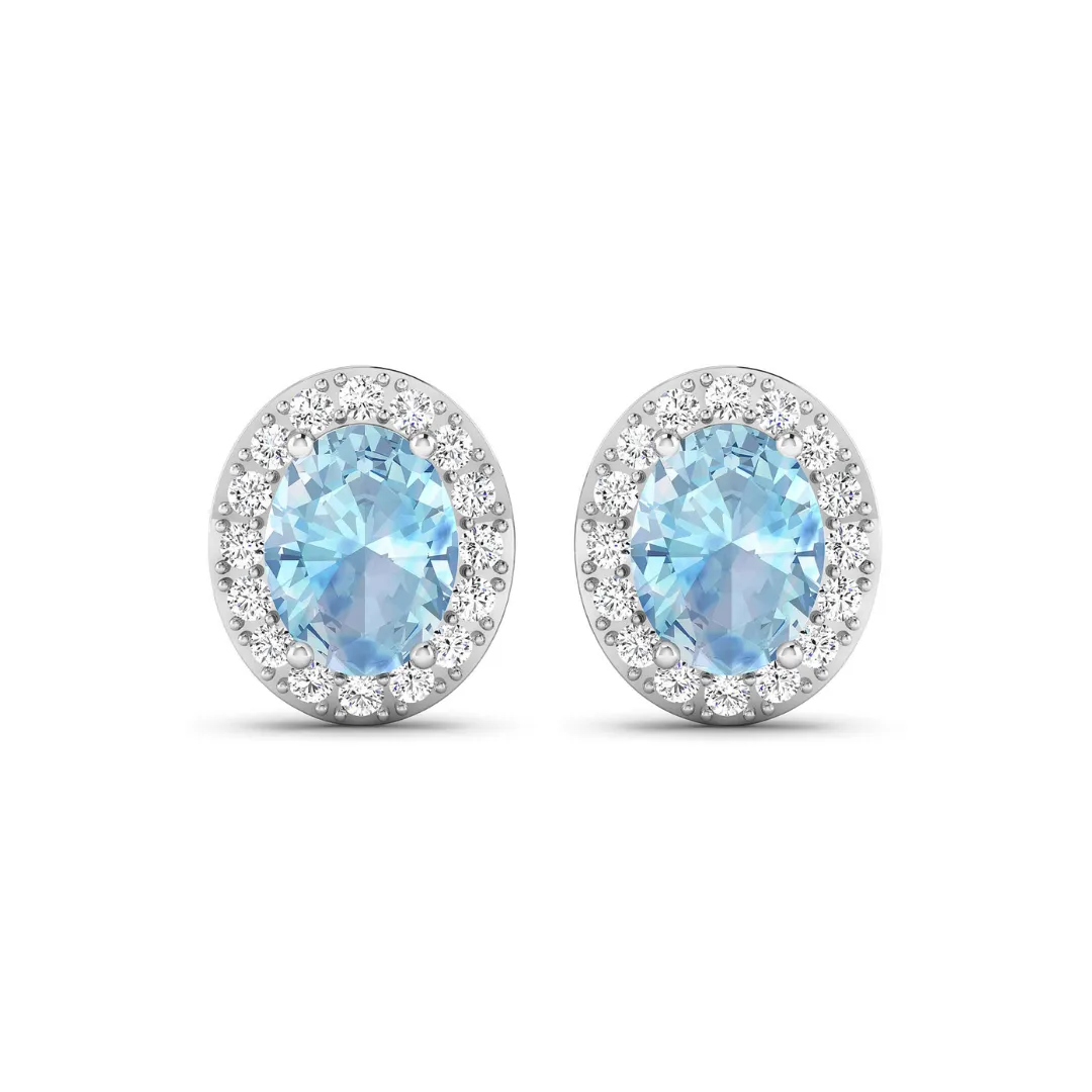 Genuine Aquamarine and Diamond Studs Earrings