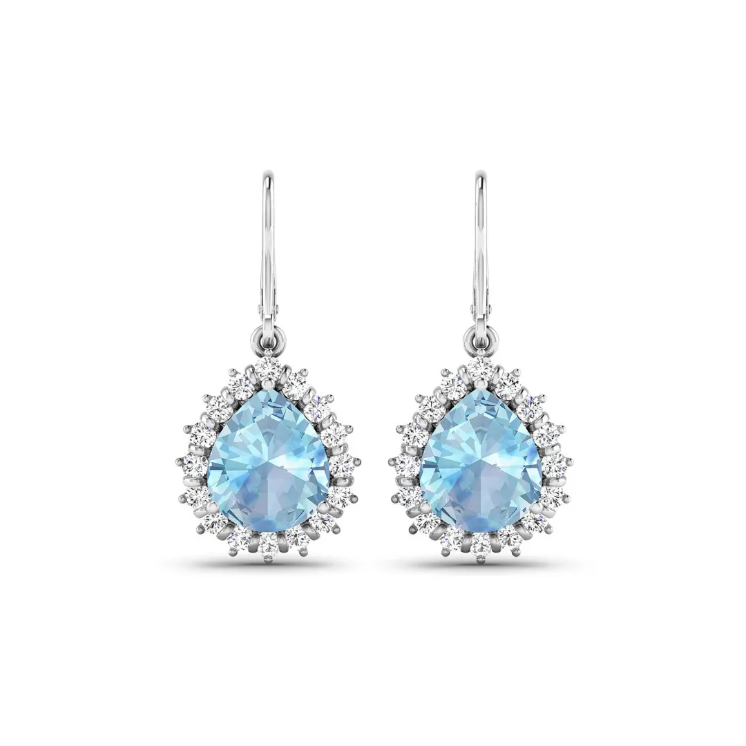 Genuine Aquamarine and Diamond Teardrop Halo Earrings