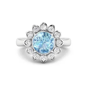 Genuine Diamond and Aquamarine Halo Ring