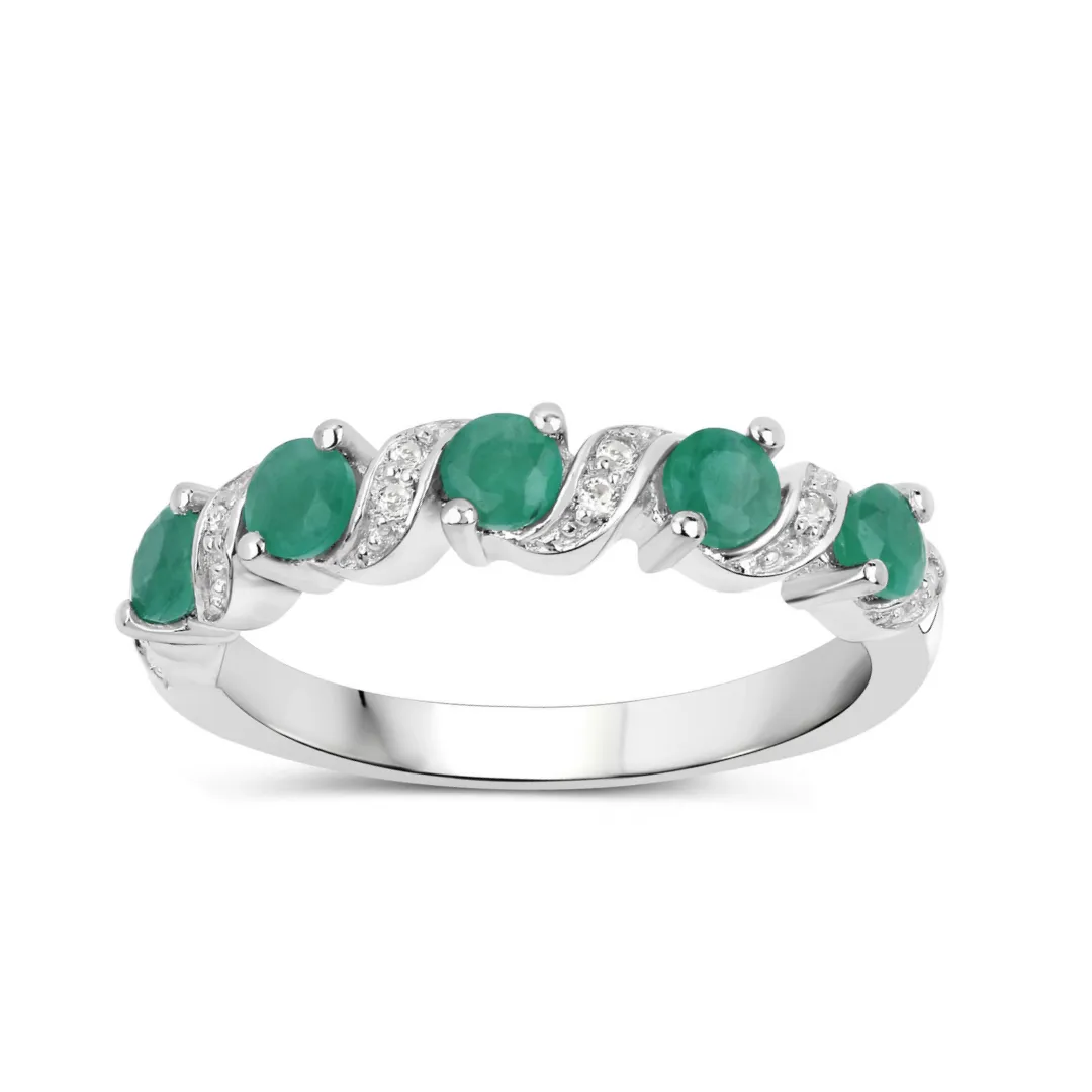 Genuine Emerald and White Topaz 5 Stone Ring
