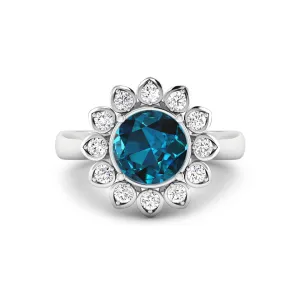 Genuine London Blue Topaz and Diamond Halo Ring